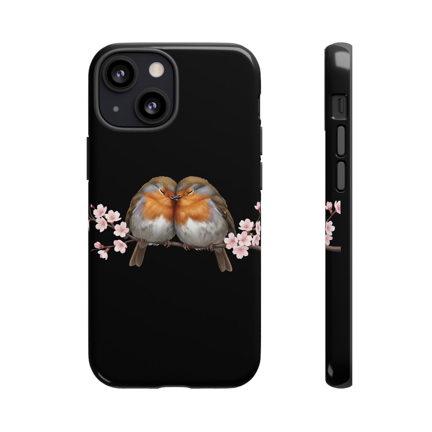 Rotkehlchen mit Kirschblüten Premium Handyhülle – Doppelt Geschützt & Rundum Bedruckt Schwarz