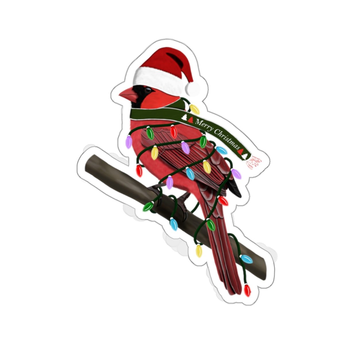 Cardinal with Fairy Lights Santa Claus Hat and Scarf Christmas Bird Sticker