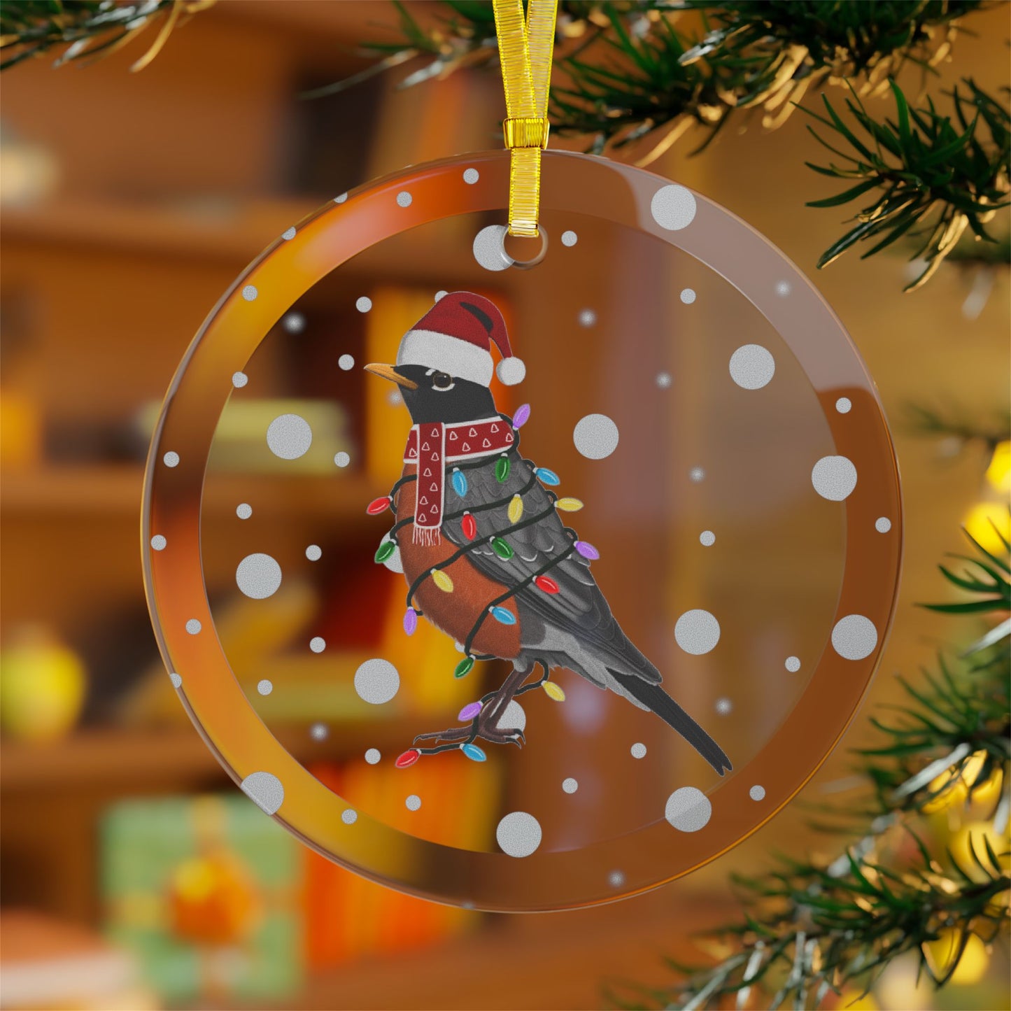 Robin as Santa Claus with Fairy Lights Christmas Glass Ornament