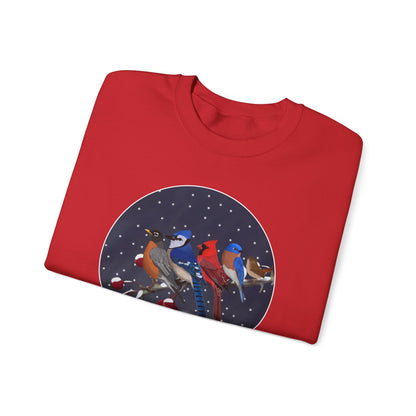 Blue Jay Robin Cardinal Bluebird Wren on a Winter Branch Christmas Bird Sweatshirt