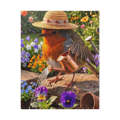 A completed jigsaw puzzle featuring a robin bird wearing a straw hat and watering a copper watering can in a colorful garden with flowers.