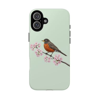 Wanderdrossel Handyhülle in Salbeigrün | Florales Kirschblüten Vogel-Motiv für iPhone & Google Pixel