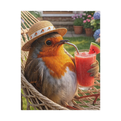 A completed jigsaw puzzle featuring a robin bird wearing a straw hat and holding a glass of pink drink with a watermelon slice, set against a garden background.