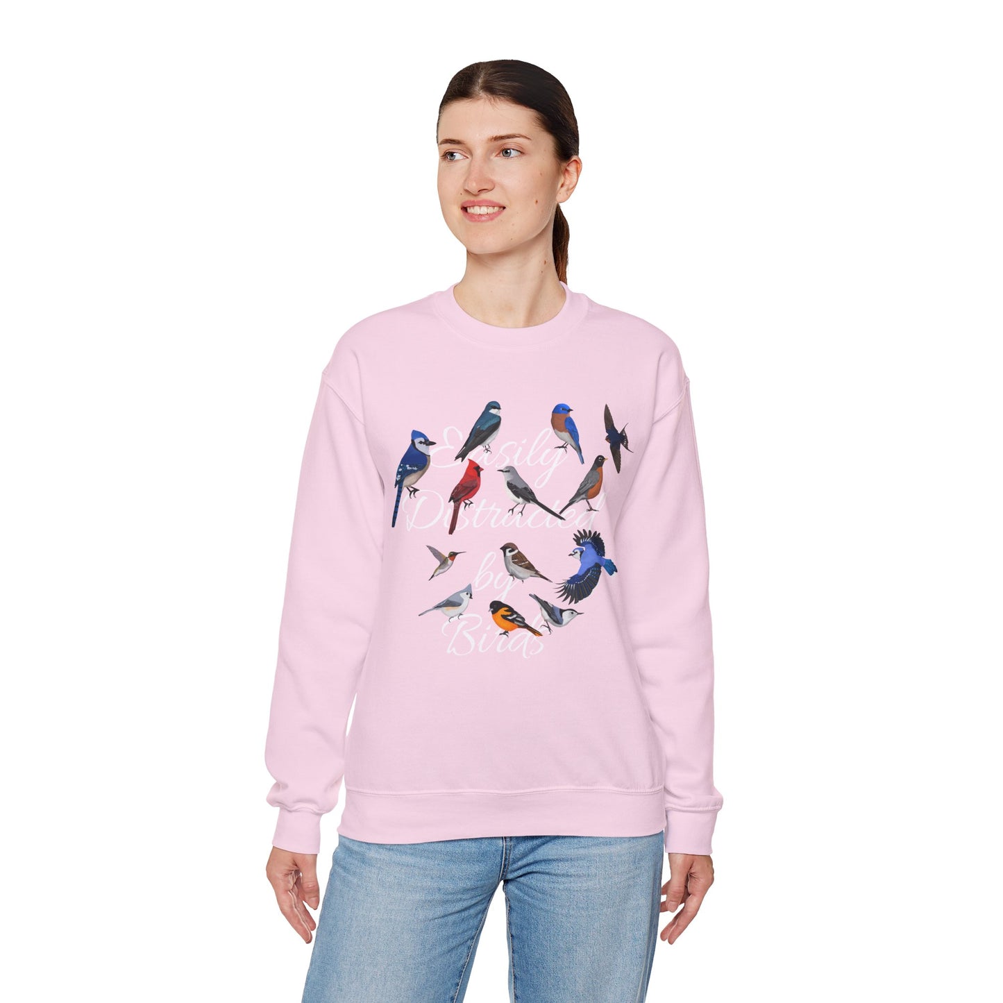 Easily Distracted by Birds Blue Jay Cardinal Hummingbird Birdlover Sweatshirt