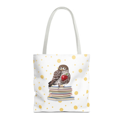 Cute Owl & Books Teacher Tote Bag – Gold Polka Dot Aesthetic