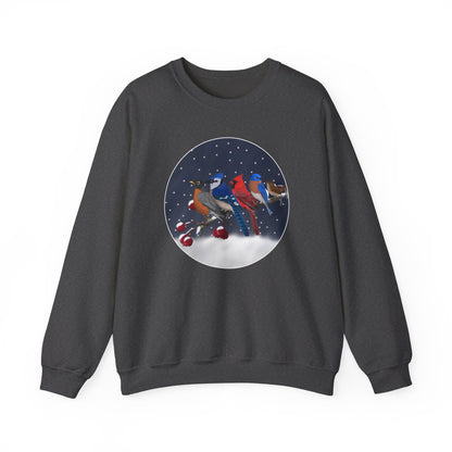 Blue Jay Robin Cardinal Bluebird Wren on a Winter Branch Christmas Bird Sweatshirt