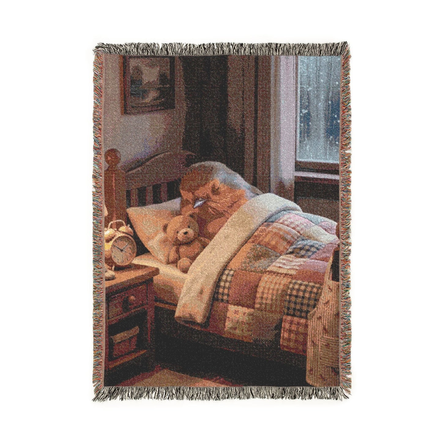 A rectangular woven throw blanket with fringed edges, featuring a printed scene of a cozy bedroom with a patchwork quilt, bed, window, a sleeping robin bird, and teddy bear. The blanket is shown upside down against a plain white background.