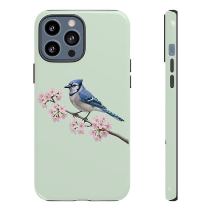 Blauhäher Handyhülle in Salbeigrün | Florales Kirschblüten Vogel-Motiv für iPhone & Google Pixel