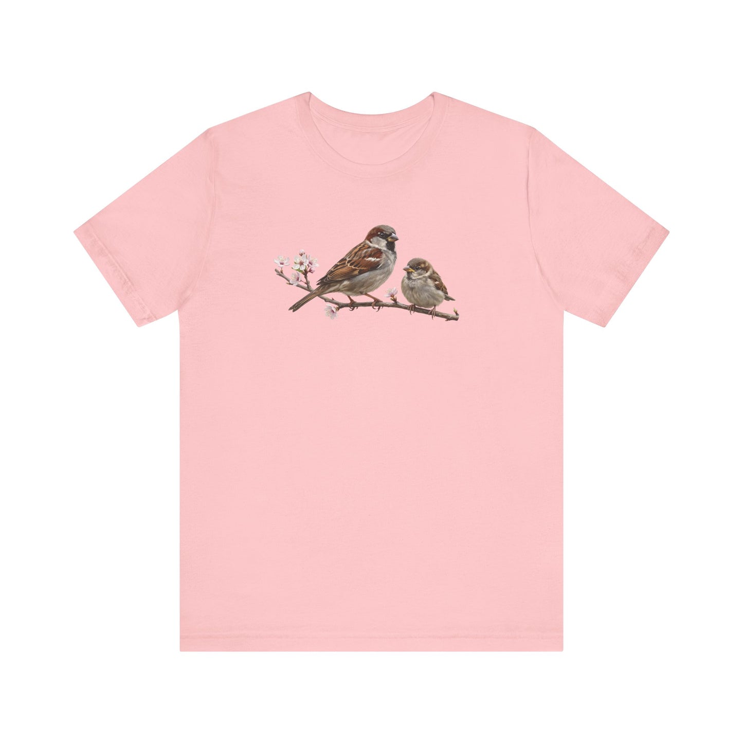 Tree Sparrow & Fledgling T-Shirt | Spring Blossoms Unisex Graphic Tee