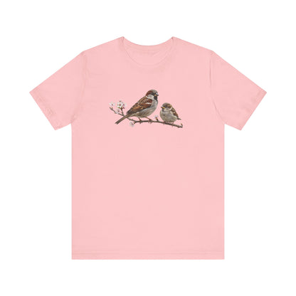 Tree Sparrow & Fledgling T-Shirt | Spring Blossoms Unisex Graphic Tee