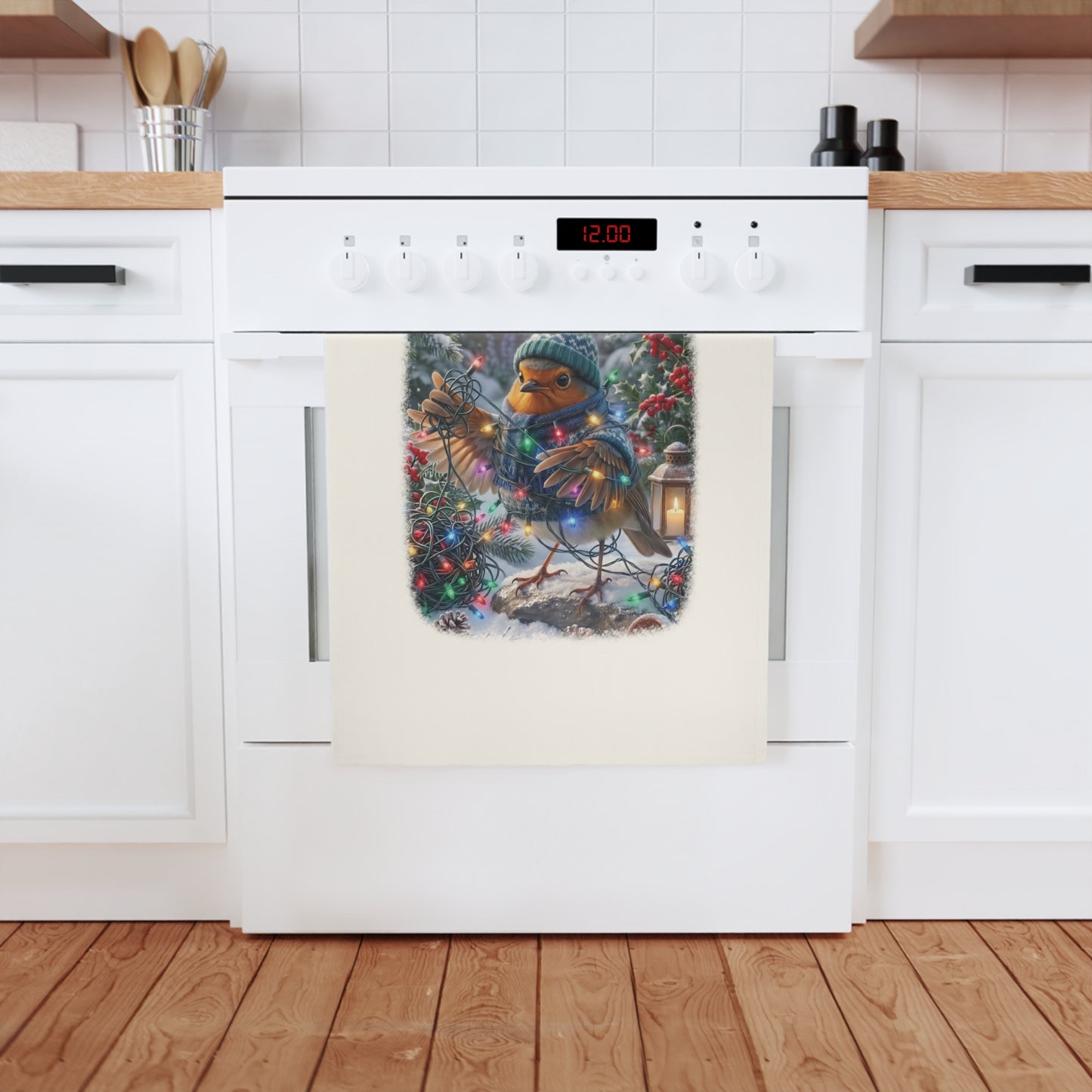Premium Geschirrtuch Rosi Rotkehlchen und die Lichterkette (50 x 70 cm)