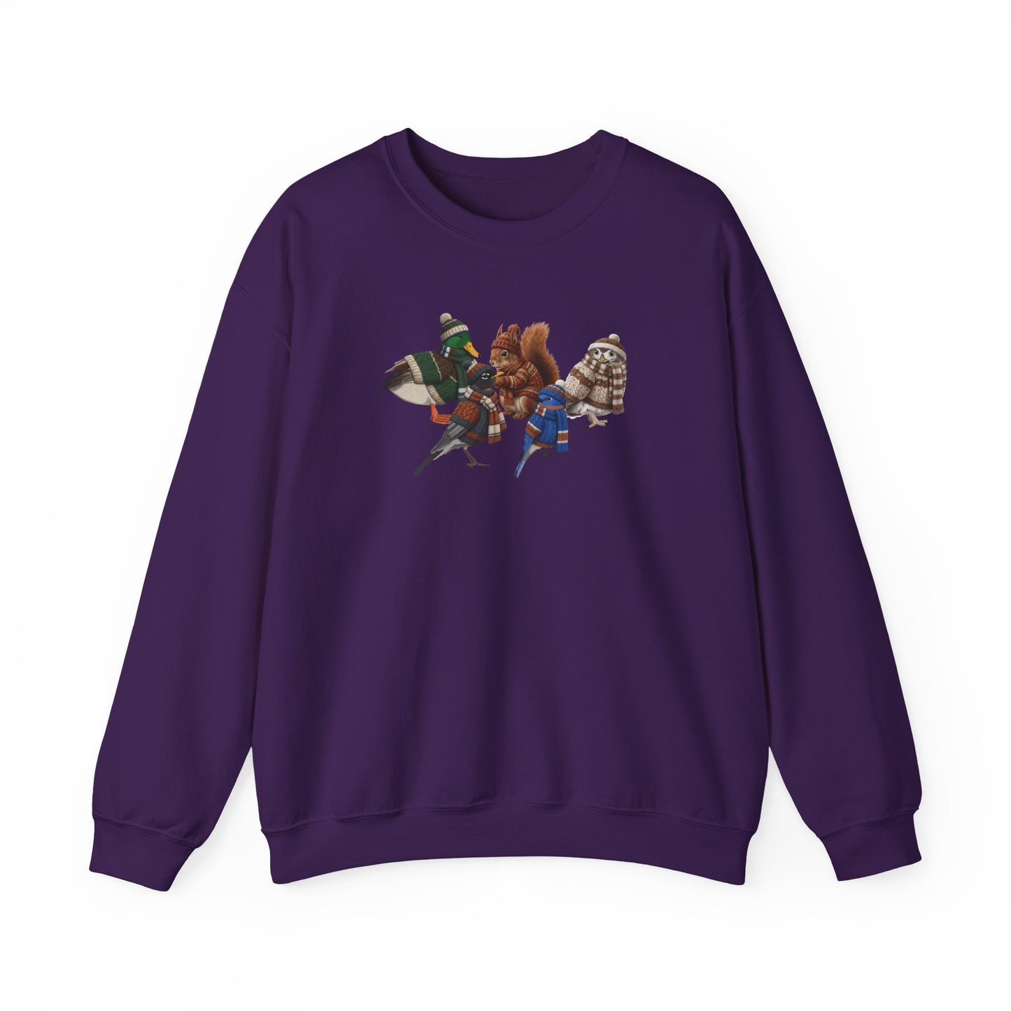 Cozy Winter Crewneck: Backyard Birds & Squirrel in Knitwear