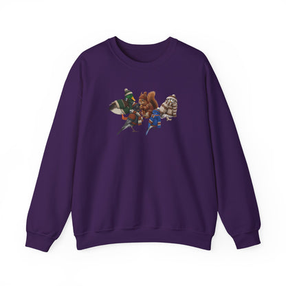 Cozy Winter Crewneck: Backyard Birds & Squirrel in Knitwear