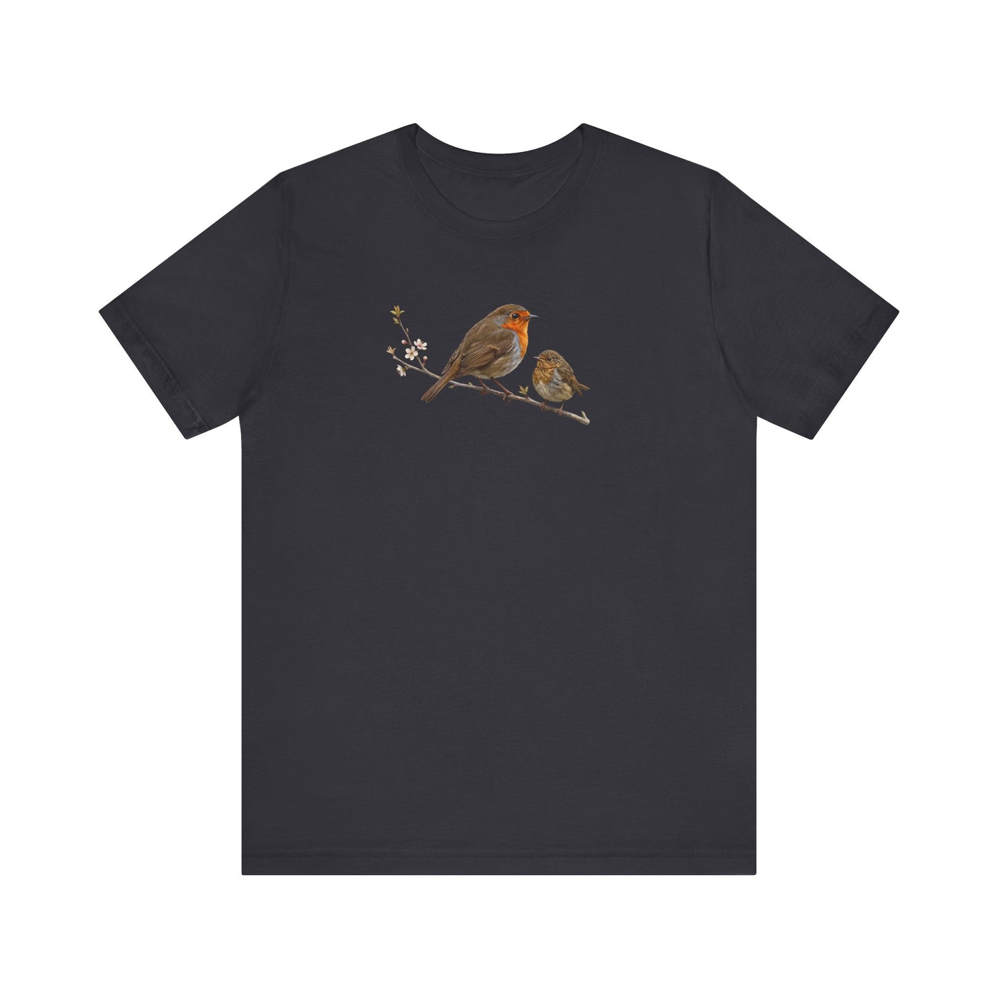 Rotkehlchen & Jungvogel T-Shirt | Frühlingsblüten Vogelmotiv für Vogelbeobachter