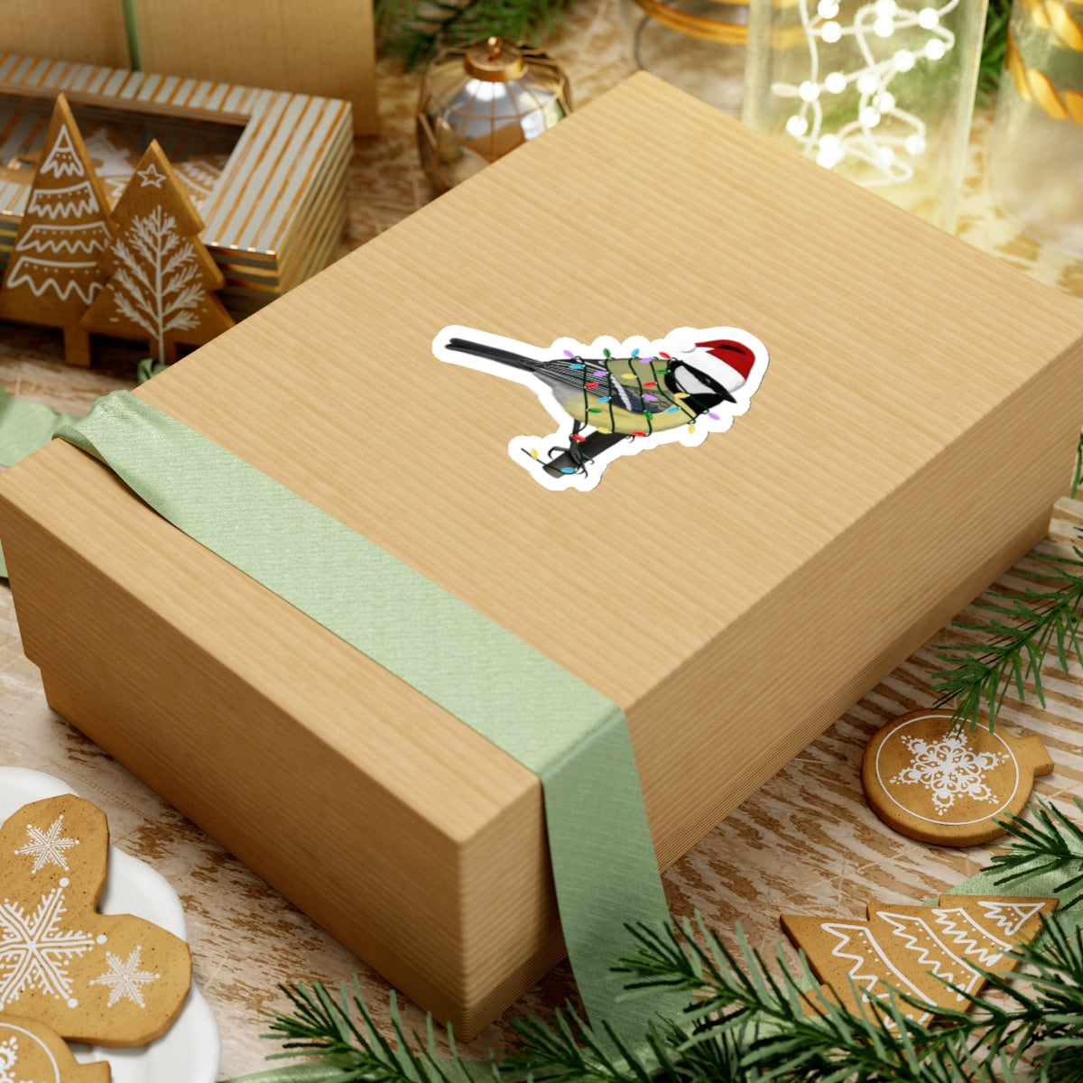 Chickadee with Fairy Lights and Santa Claus Hat Christmas Bird Sticker