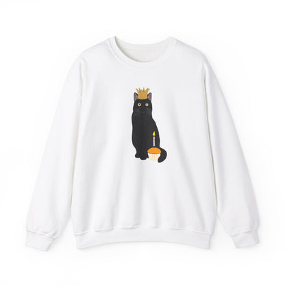 Black Birthday Cat with Muffin and Golden Crown Cat Lover Sweatshirt