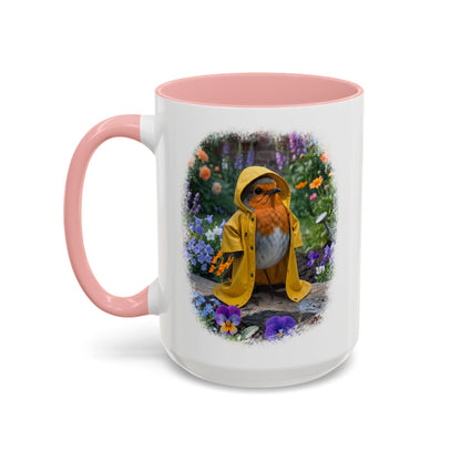Robin Rosi Yellow Raincoat Garden Premium Mug for Bird Lovers