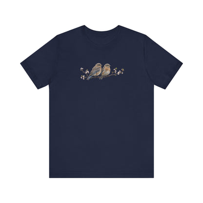 Eastern Bluebird Fledgling T-Shirt | Spring Blossoms Unisex Graphic Tee for Bird Watchers