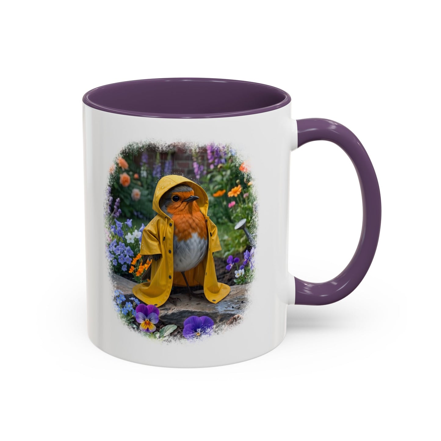 Robin Rosi Yellow Raincoat Garden Premium Mug for Bird Lovers