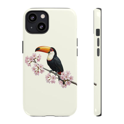 Tukan Handyhülle in Cremeweiß | Florales Kirschblüten Vogel-Motiv für iPhone & Google Pixel – animal lover,