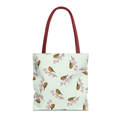 Rotkehlchen & Kirschblüten Tragetasche in Salbeigrün | Stofftasche & Geschenk für Vogelbeobachter