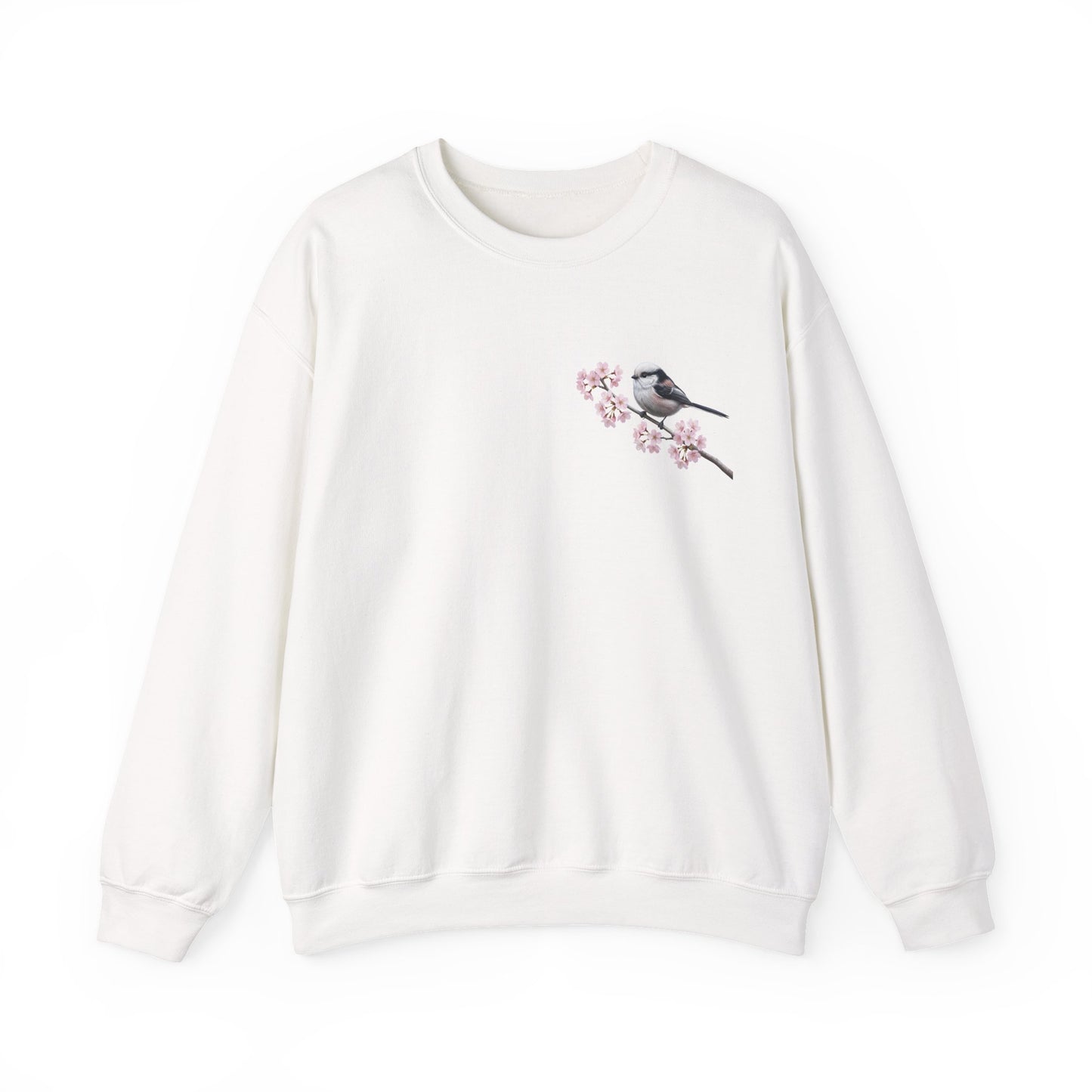 Long Tailed Titmouse Cherry Blossom Sweatshirt | Floral Bird Crewneck Cozy Spring Pullover on Animal Lover Gift background