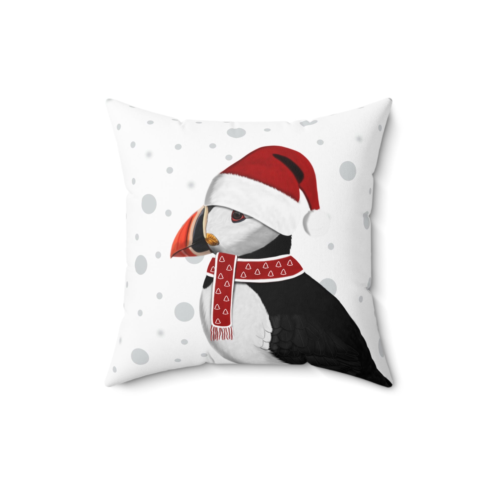 Puffin Santa Claus Christmas Grey Dots Birdwatcher Bird Throw Pillow 16"x16"