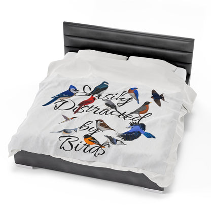 Easily Distracted by Birds Blue Jay Cardinal Robin Bluebird Hummingbird Oriole Backyard Birds Velveteen Plush Blanket White