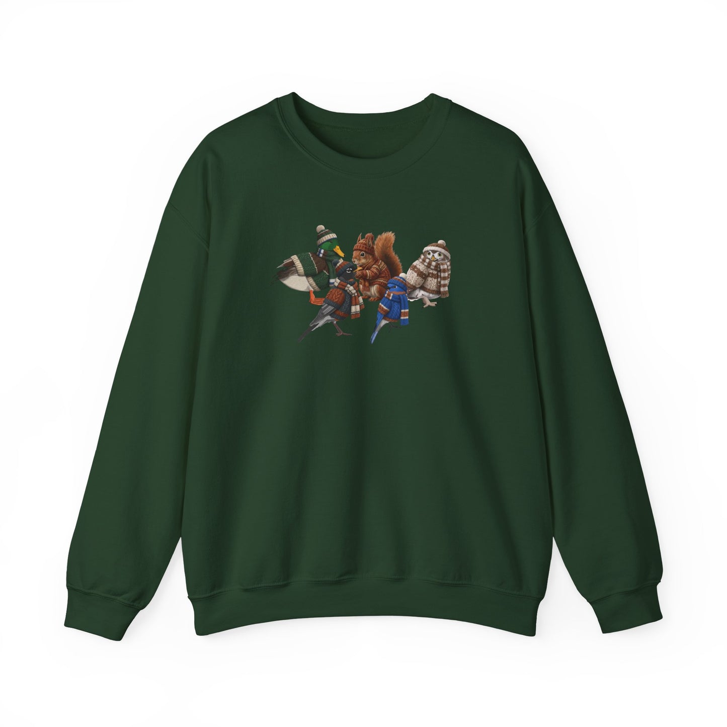 Cozy Winter Crewneck: Backyard Birds & Squirrel in Knitwear