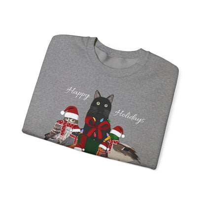 Robin Mallard Oriole Owl with Cat in a Box and Fairy Lights Happy Holidays Christmas Bird Sweatshirt