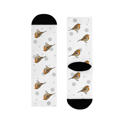 Rotkehlchen Socken Vogelsocken Weiß mit Grauen Punkten