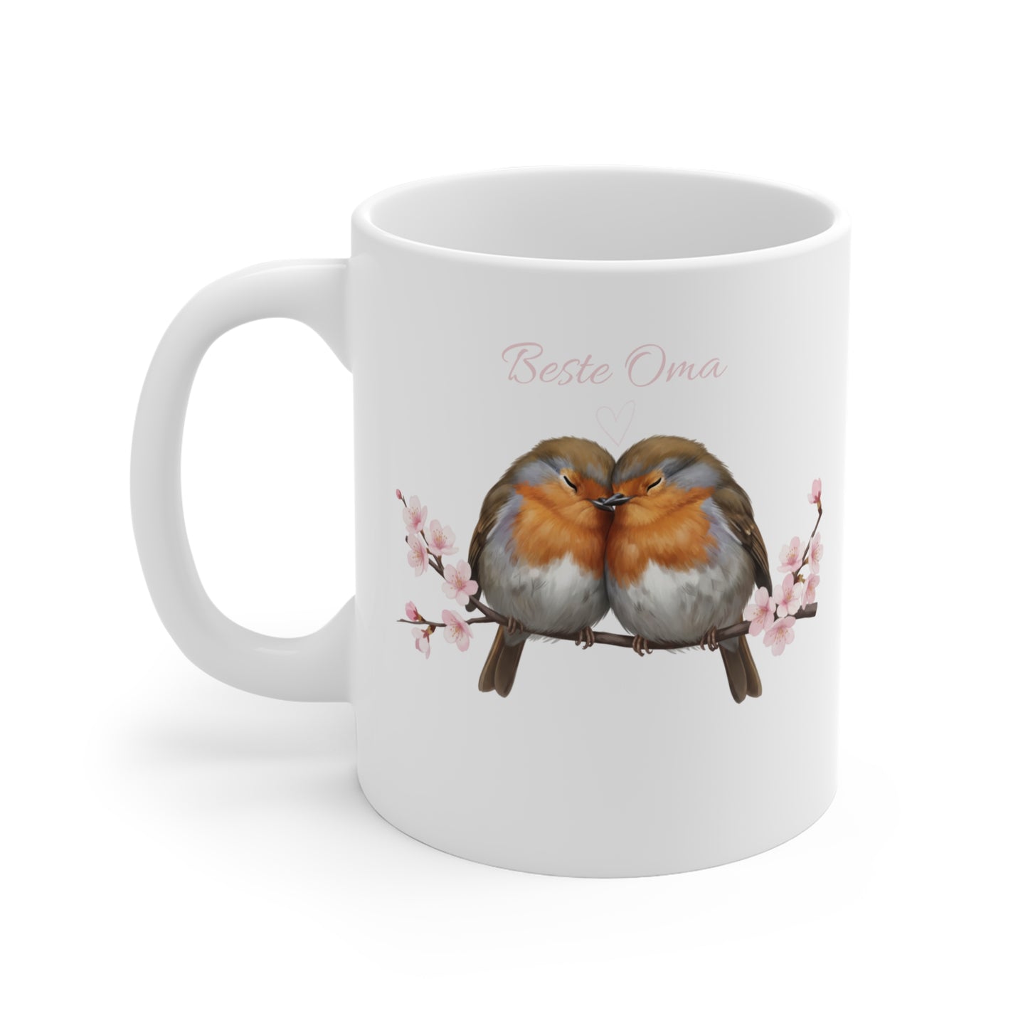 Rotkehlchen Pärchen in Kirschblüten Tasse Personalisierbar - Romantisches Geschenk für Vogelfreunde