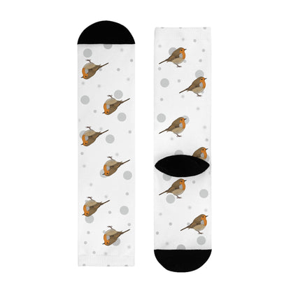 Rotkehlchen Socken Vogelsocken Weiß mit Grauen Punkten