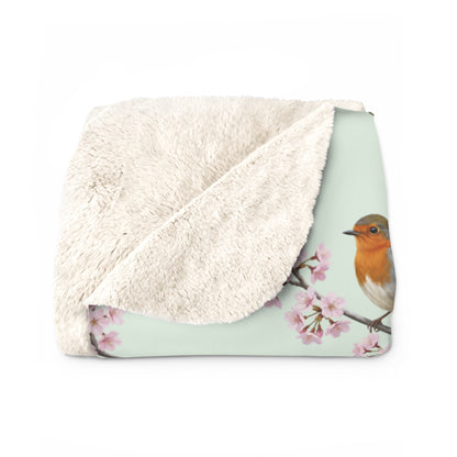 Rotkehlchen Premium Sherpa-Fleece Decke in Salbeigrün | Kuscheldecke mit Vogelmotiv (150x200cm)