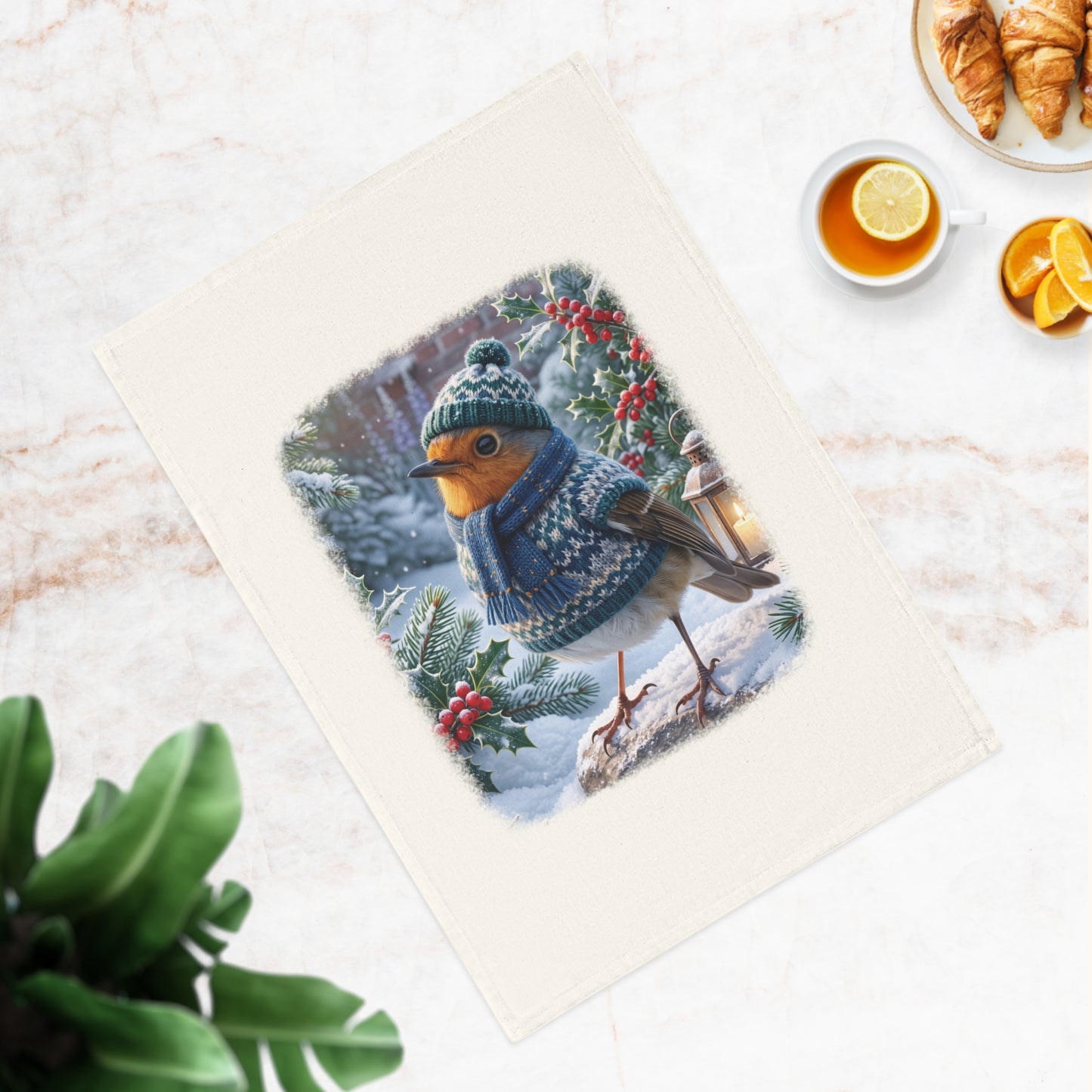 Premium Geschirrtuch Rosi Rotkehlchen im kuscheligen Winter-Outfit (50 x 70 cm)