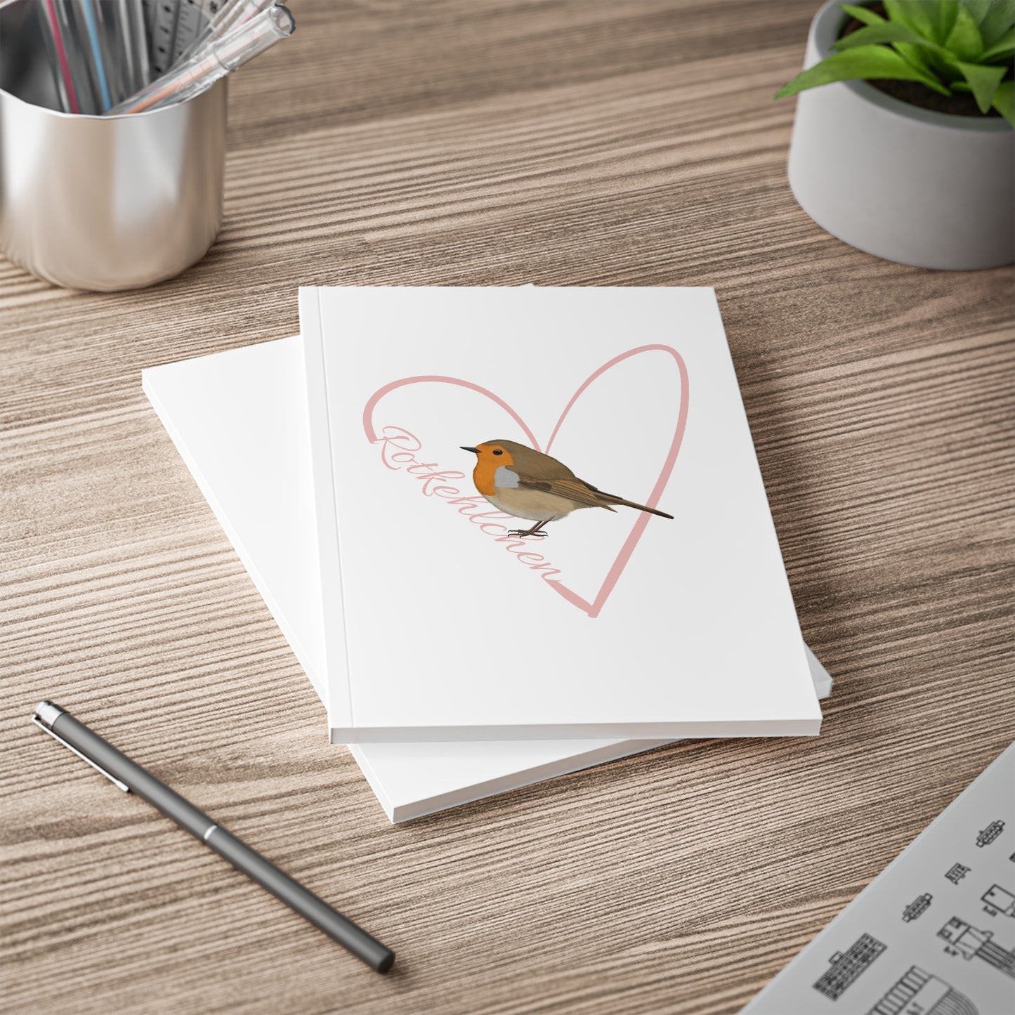 Rotkehlchen Notizbuch Vogel mit Herz A5 Softcover 150 Seiten Liniert Weiß