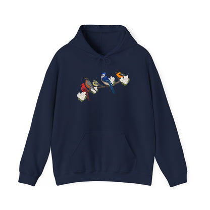 Backyard Birds on a Branch Blue Jay Cardinal Robin Chickadee Oriole Birdwatcher Hoodie