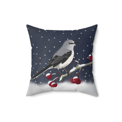 Mockingbird on a Winter Branch Christmas Bird Pillow