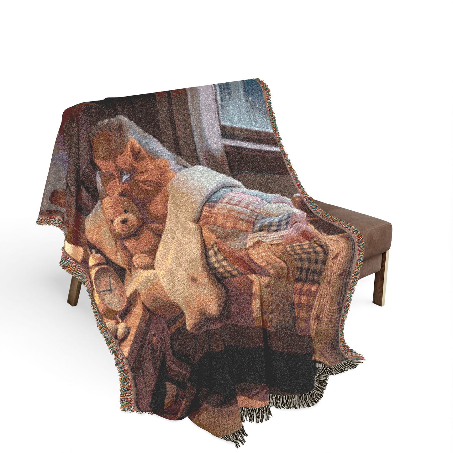Robin Rosi Sleeping with Teddy Bear Woven Blanket - Cozy Bedtime Tapestry Throw