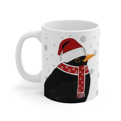 Blackbird with Red Santa Hat and Scarf Christmas Bird Ceramic Mug 11oz