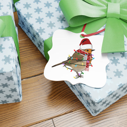 Rotkehlchen Ornament aus Aluminium – Einzigartiger Christbaumschmuck mit Rotem Band