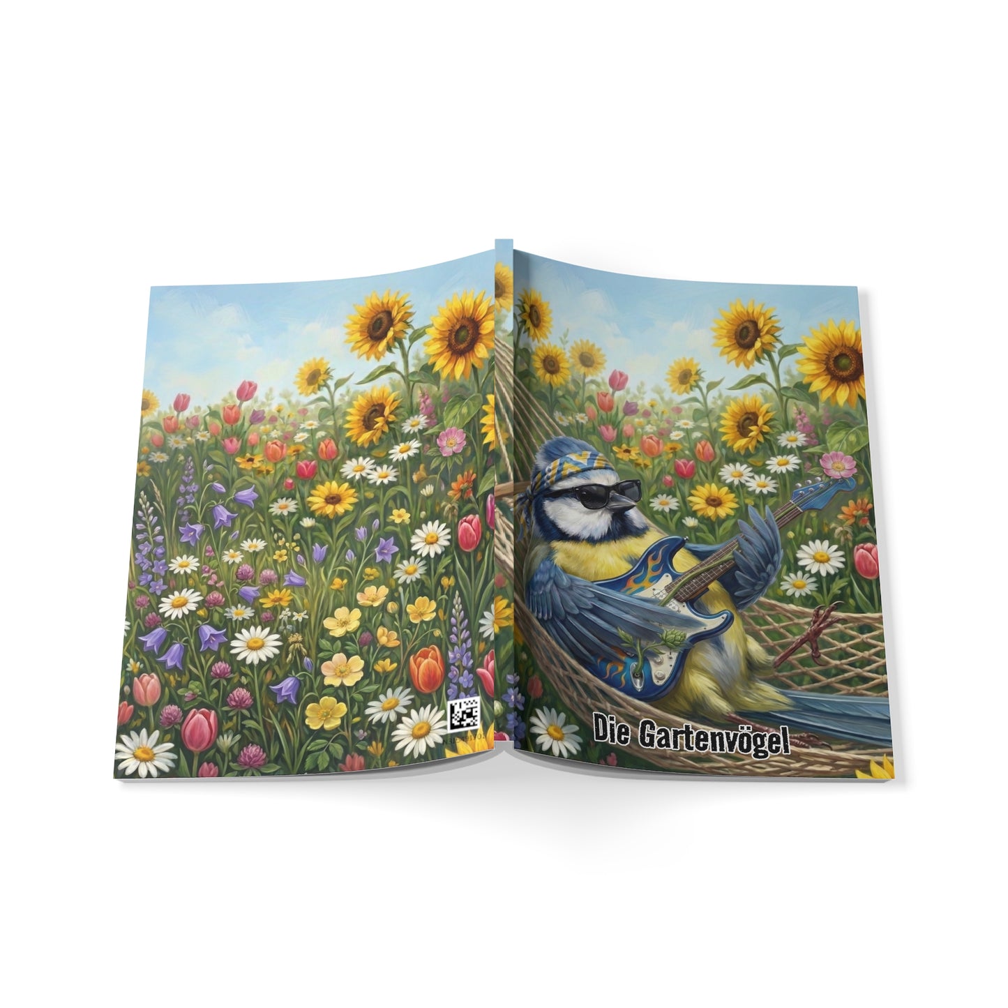 Bert Blaumeise mit Gitarre in der Hängematte - Premium Notizbuch A5 mit Vogelmotiv | Die Gartenvögel