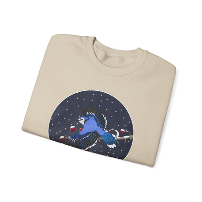 Blue Jay on a Winter Branch Birdwatcher Christmas Bird Sweatshirt