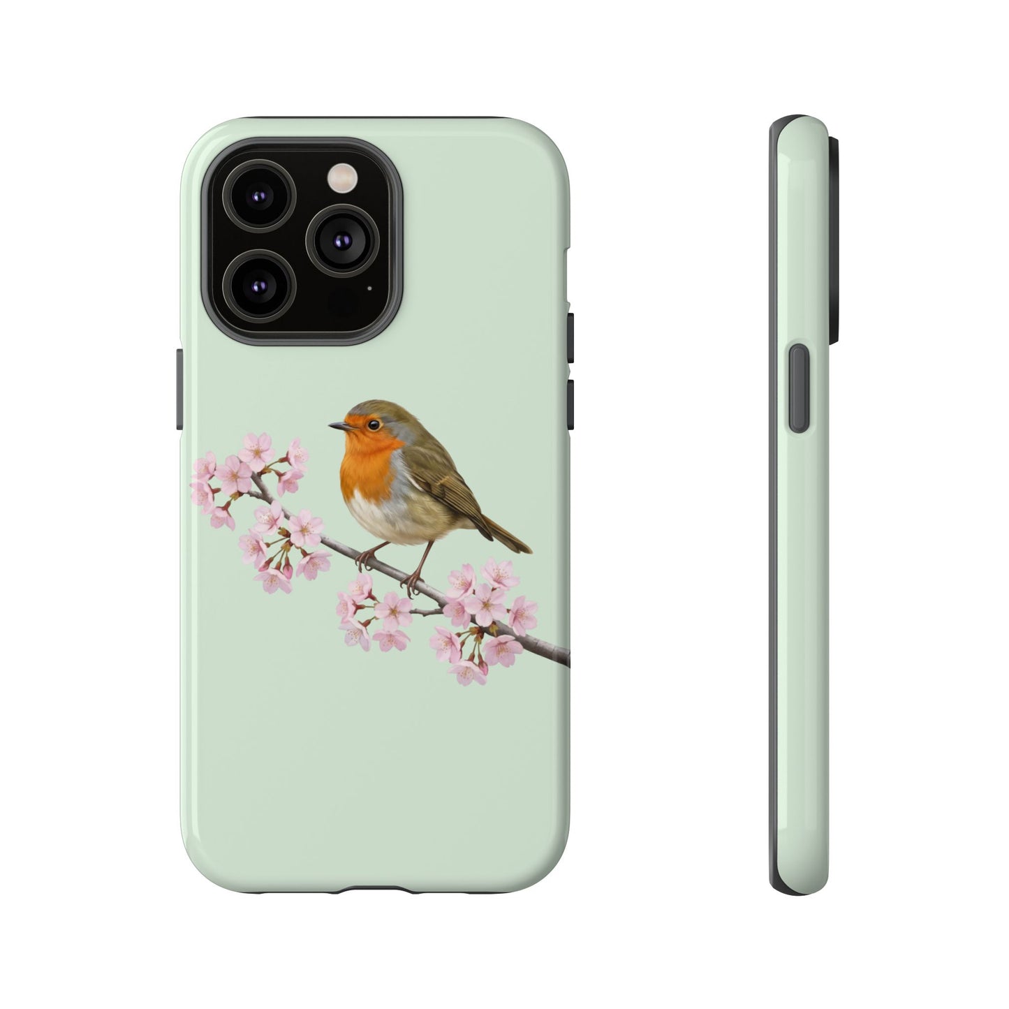 Rotkehlchen Handyhülle in Salbeigrün | Florales Kirschblüten Vogel-Motiv für iPhone & Google Pixel