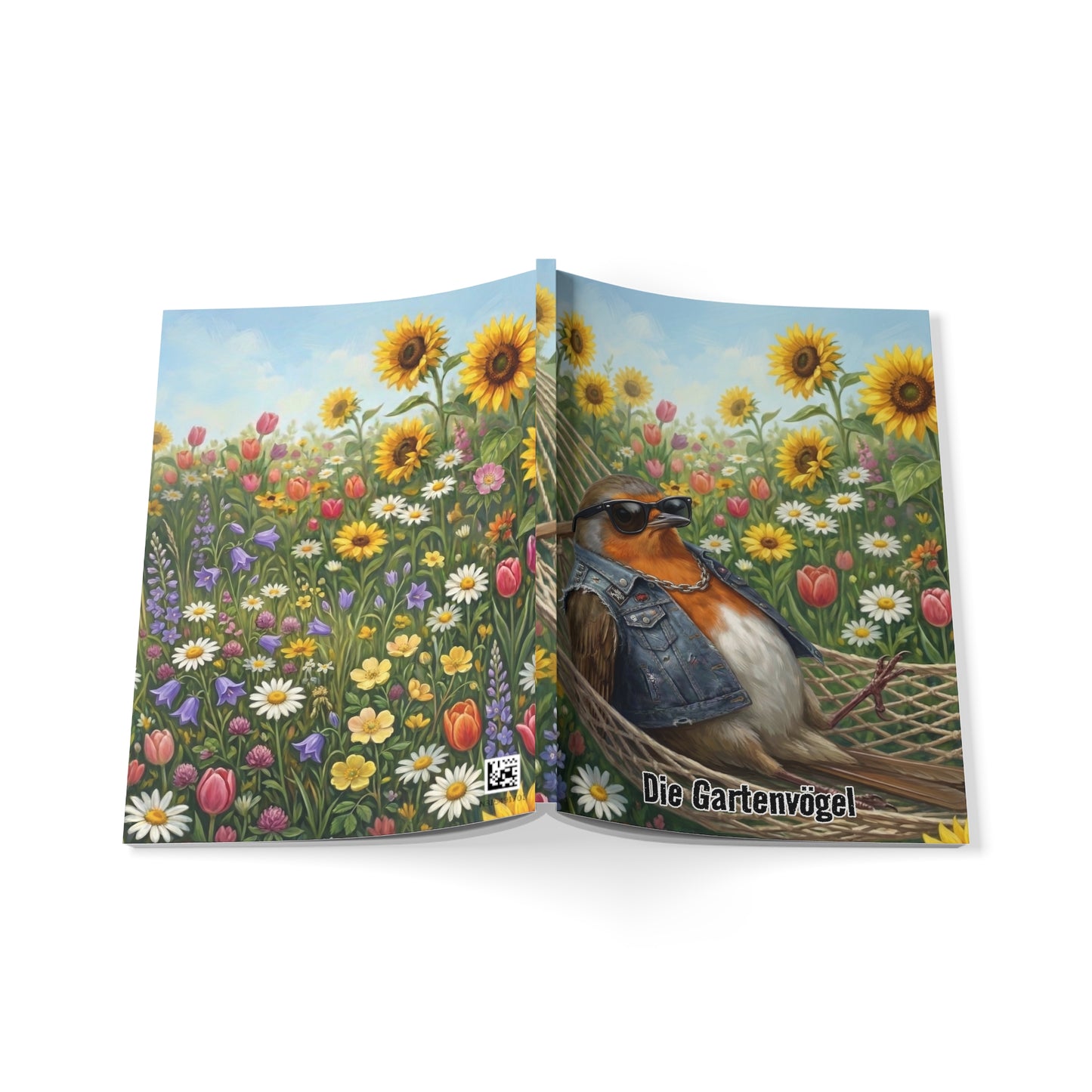 Rocky Rotkehlchen in der Hängematte - Premium Notizbuch A5 mit Vogelmotiv | Die Gartenvögel