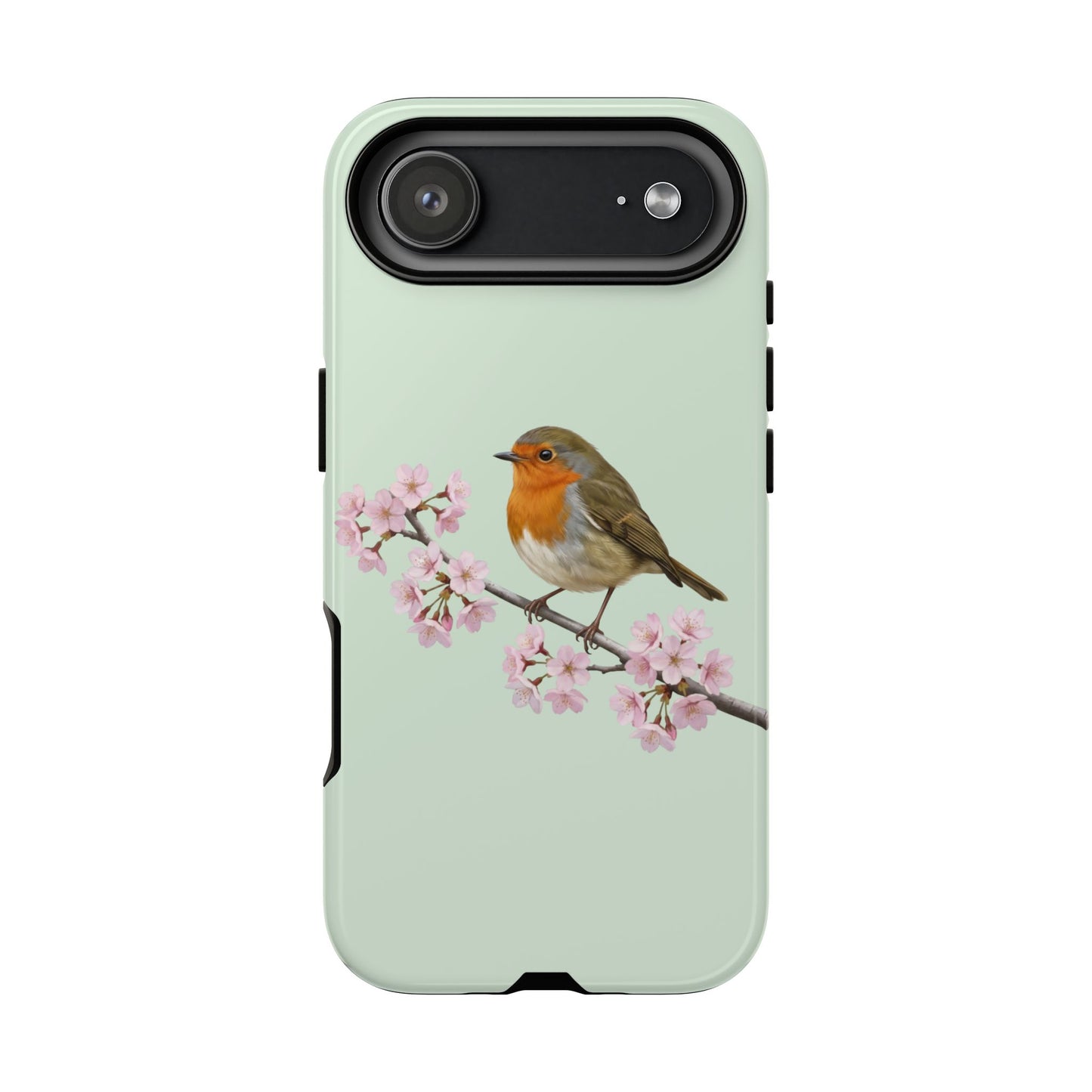 Rotkehlchen Handyhülle in Salbeigrün | Florales Kirschblüten Vogel-Motiv für iPhone & Google Pixel