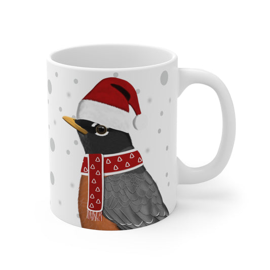 Robin with Red Santa Hat and Scarf Christmas Bird Ceramic Mug 11oz