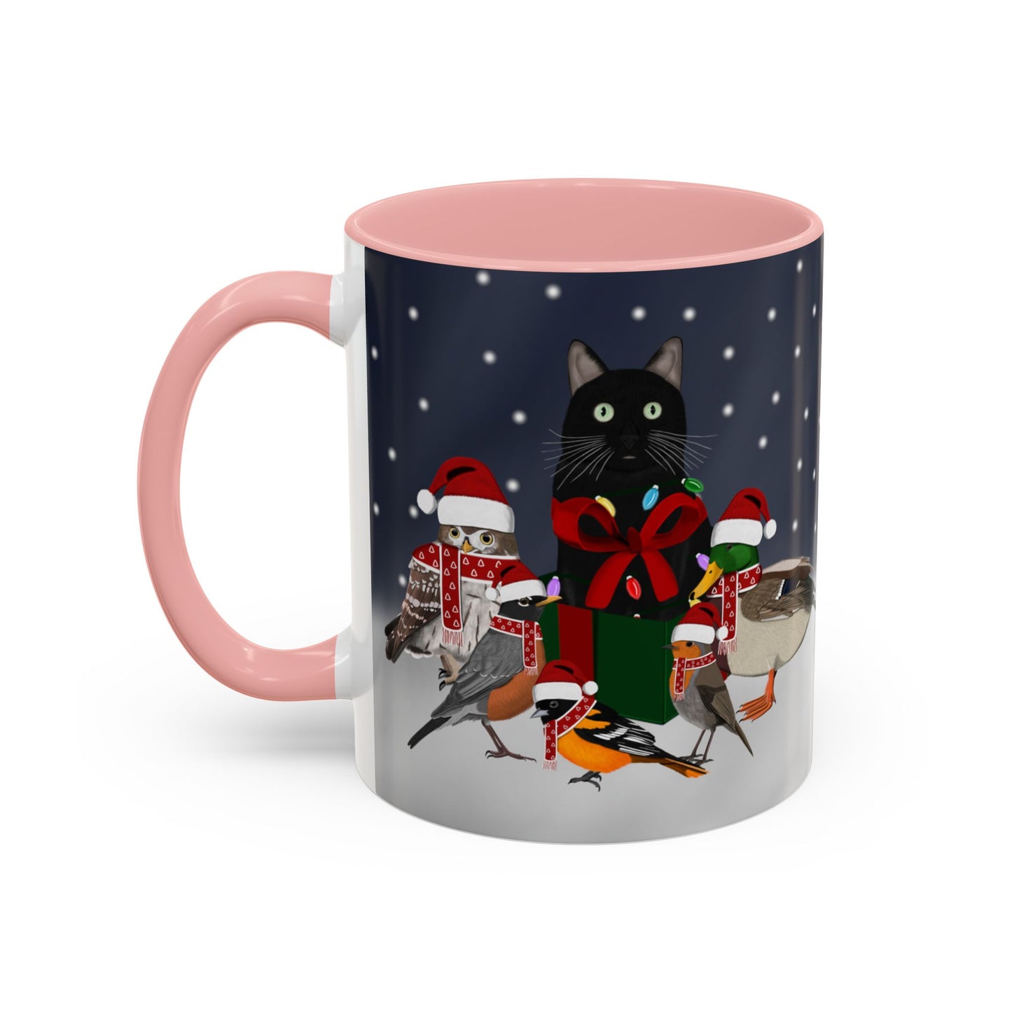 Robin Oriole Mallard Owl and Cat with Christmas Hat and Scarf Snow Bird Coffee Mug