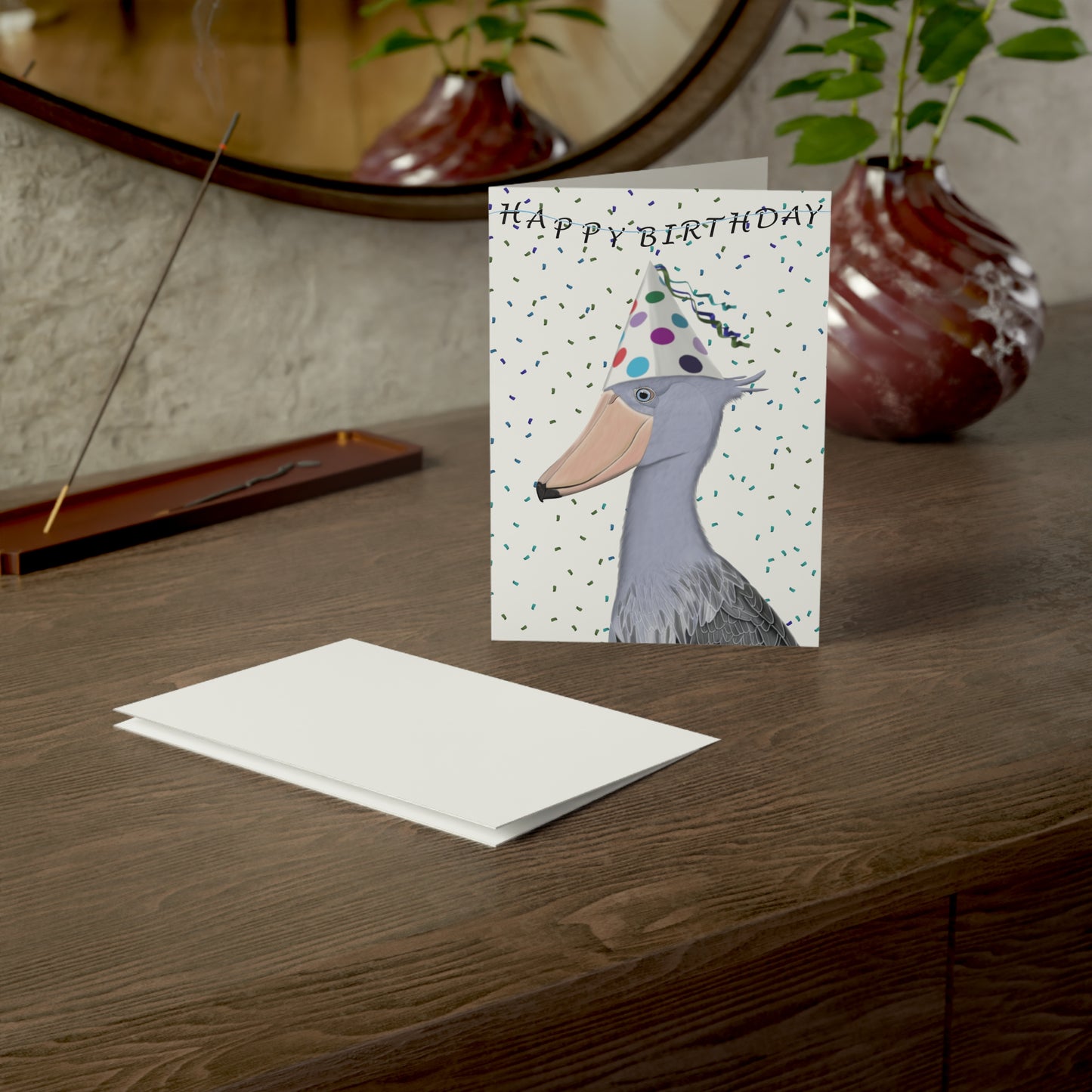 Shoebill with Party Hat Birthday Card – Premium Matte Bird Greeting Card