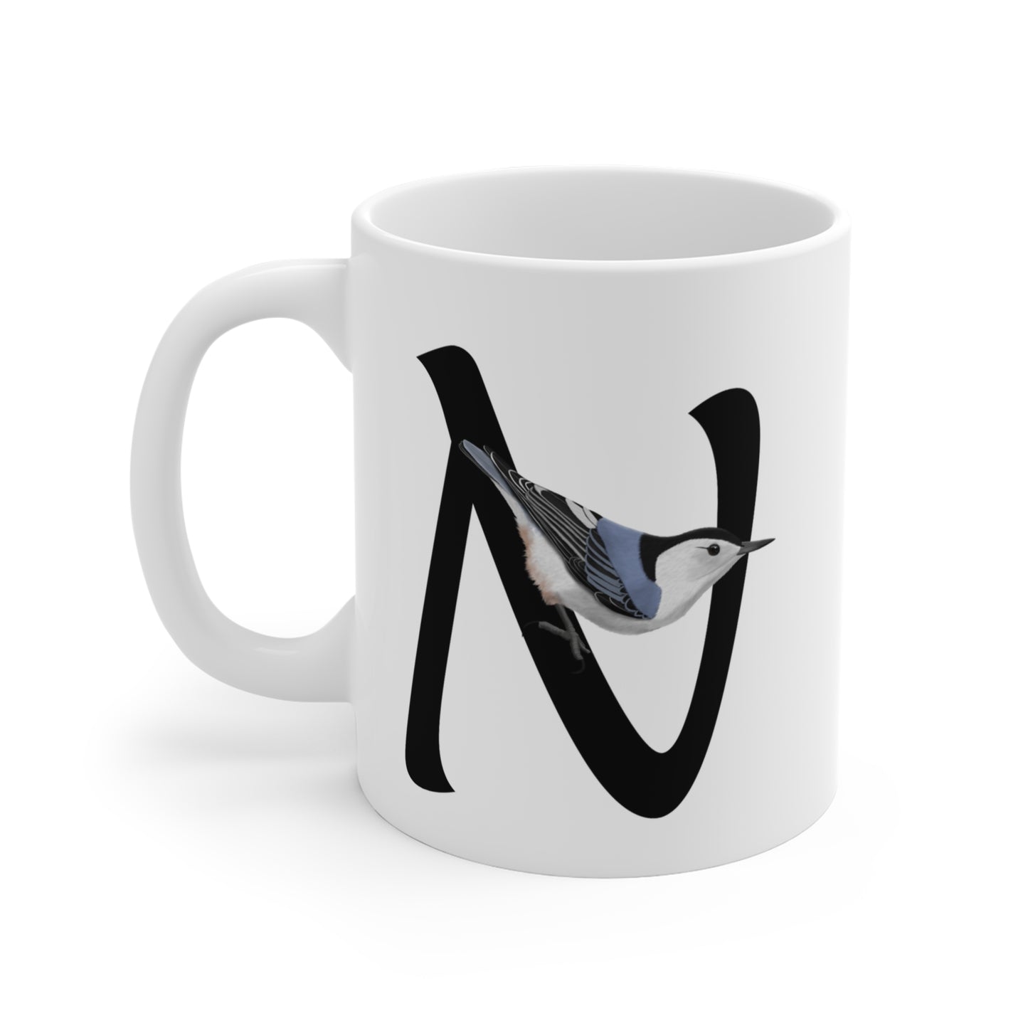 Nuthatch Letter N Bird Ceramic Mug 11oz White